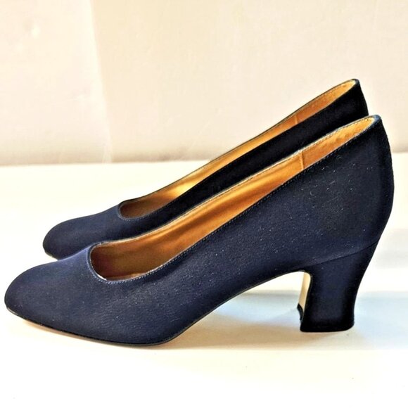 Vintage Atlantique Pumps Dark Blue Fabric Heels Women's Size 8 - Picture 5 of 9